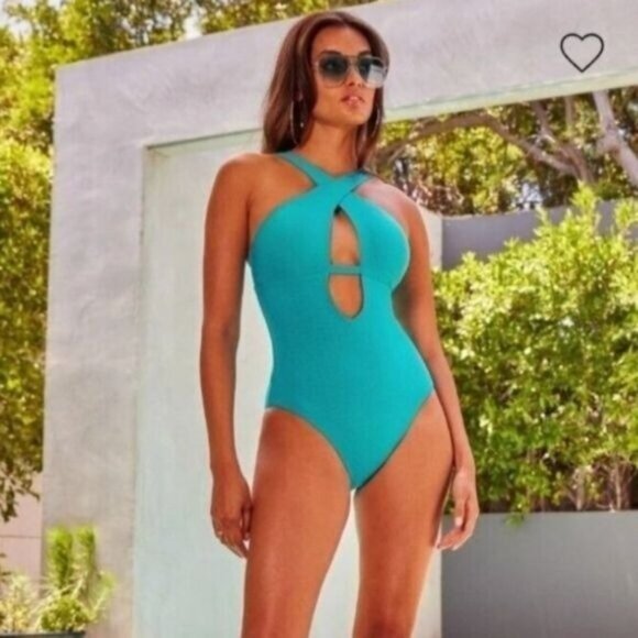 BECCA One-Piece Swimsuit M High Neck Plunge Cut Out Gulf Blue Vibes Tessa - Picture 3 of 8